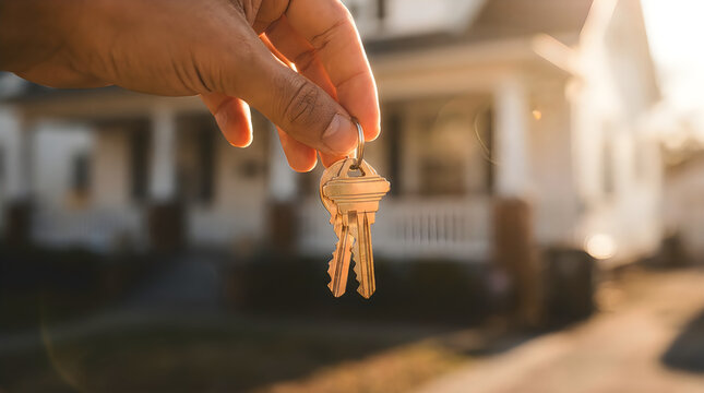 Hand holding metal keys in front of suburban residential house at sunset