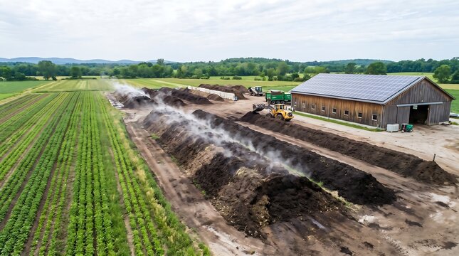 Aerial view of large industrial composting piles steaming on a modern agricultural farm facility.