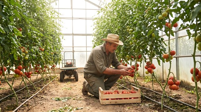 A mature farmer working inside a greenhouse harvesting fresh ripe tomatoes into a wooden crate.