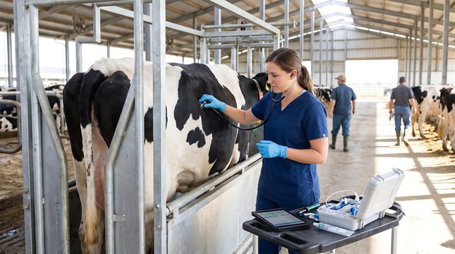 Female veterinarian examining a dairy cow with a stethoscope inside a modern barn.