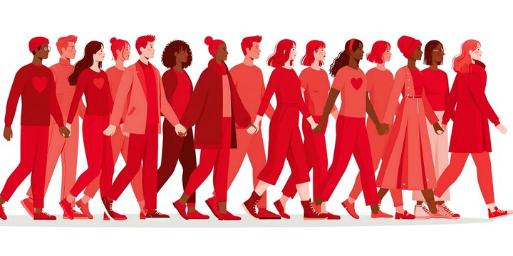 Diverse group of people in red clothes walking together and holding hands for charity support and solidarity concept