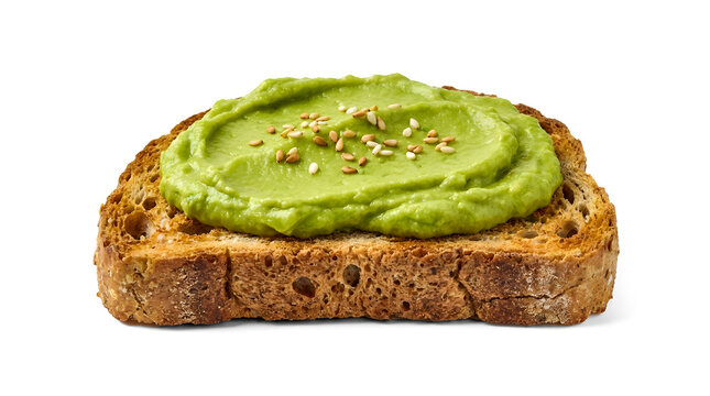 A slice of toasted whole grain bread topped with creamy mashed avocado spread.