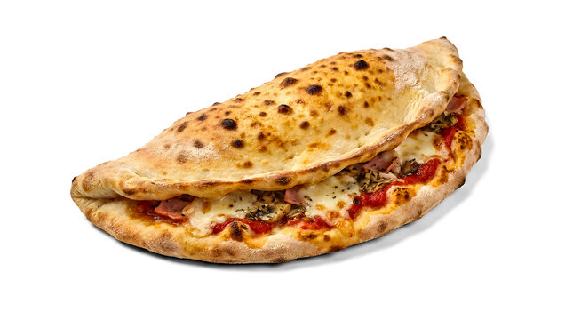 A delicious golden brown calzone stuffed with melted cheese and savory fillings.