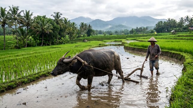 Traditional farmer working with a water buffalo in a lush green rice field in Indonesia.