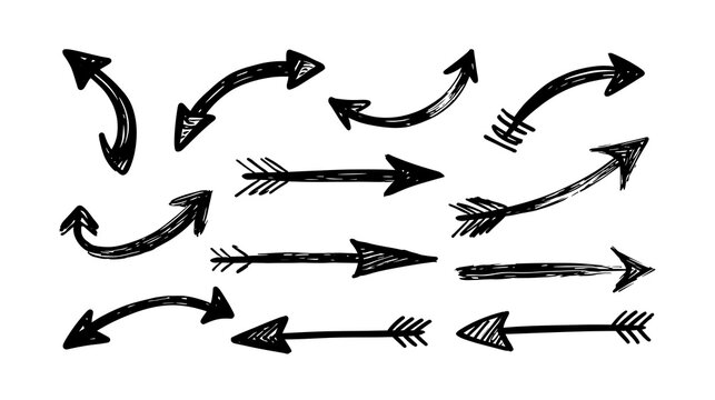 Hand drawn grunge archery arrows and curved pointers set on white background