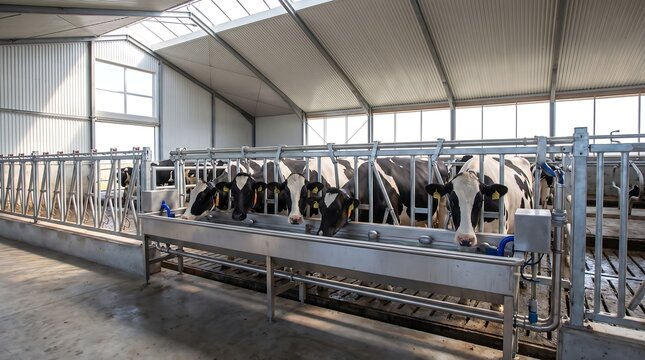 Modern dairy farm interior with cows standing in stalls and eating from troughs.