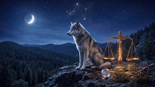 Libra animal wolf sitting beside golden scales under a crescent moon