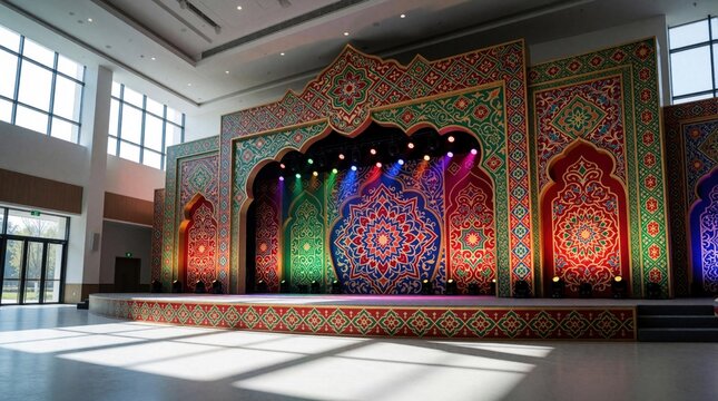 Grand ornate stage with colorful patterns in large hall. Traditional Islamic design features vibrant mandala, floral motifs. Bright stage lights illuminate decorative backdrop for wedding, cultural