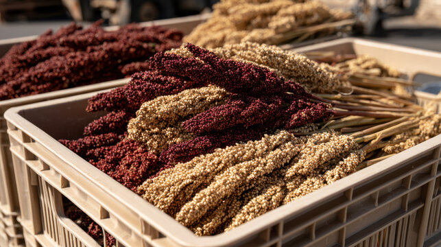 Harvested red and white sorghum seed heads piled in reusable plastic farm crates under warm sunlight during the seasonal grain harvest