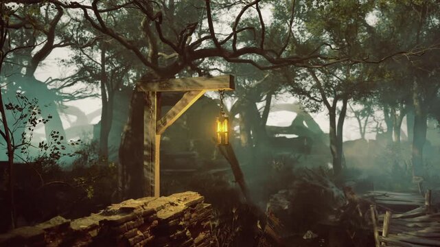 A weathered lantern hangs from a wooden post, illuminating the path in a misty forest. Twisted trees surround the scene, creating an enchanting atmosphere as the sun sets.