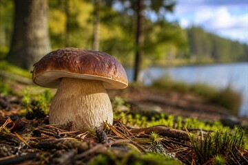 Fototapeta premium Large Porcini Mushroom Growing on Mossy Forest Floor Beside Peaceful Woodland Lake