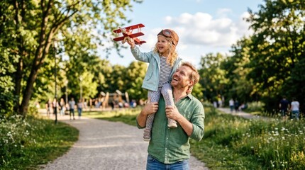 Fototapeta premium Happy Father Carrying Daughter on Shoulders While She Plays with Toy Airplane in Park