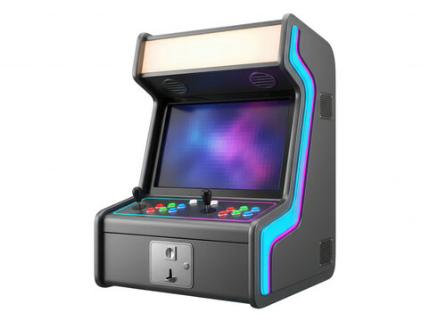 Retro arcade cabinet with purple glowing screen and neon accents isolated on a transparent background