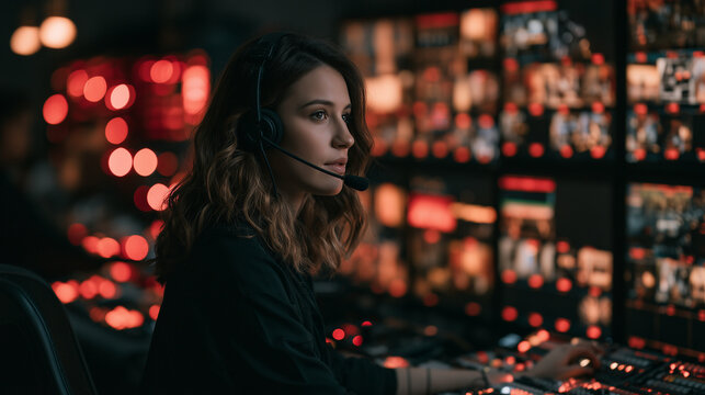 Professional broadcast engineer managing live video feeds in television studio control room television broadcast operations environment showing a broadcast engineer wearing a heads
