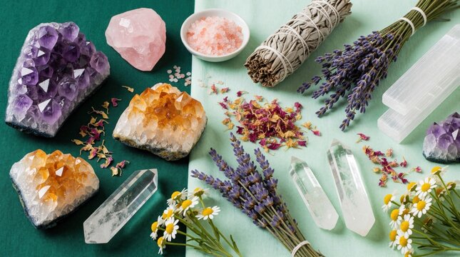 Amethyst citrine rose quartz crystals sit with sage lavender and chamomile flowers. Pink salt and clear quartz points are arranged for ritual wellbeing and spiritual practice.