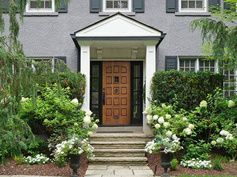 Front door of gray stucco house, surrounded by shrubbery and hydrangea flowers