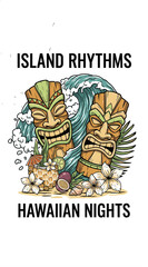 Island rhythms Hawaiian nights. Beach club. Endless summer artwork. Tropical vintage design for t shirt print. Tiki mask surf graphic. © panji