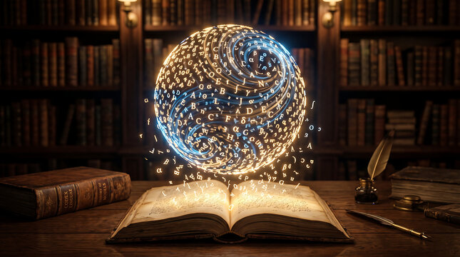 Glowing Sphere of Letters and Symbols Floating over an Open Book, Representing AI Language Models and Learning