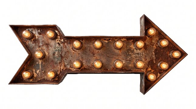 Rusty vintage metal arrow sign with glowing light bulbs with direction
