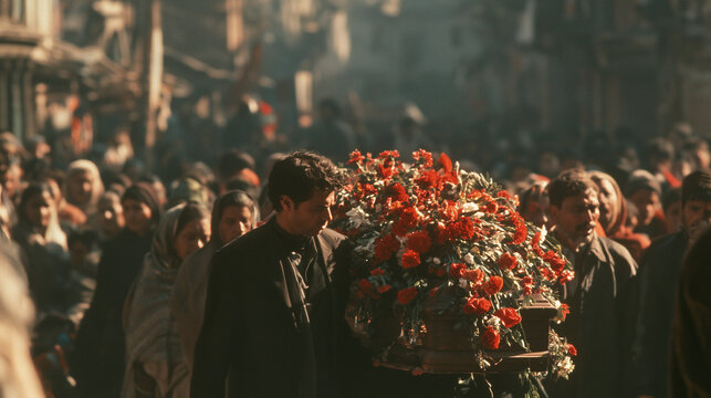 solemn Indian funeral procession moving slowly through a crowded village street, with dozens of mourners gathered closely around a flower-covered coffin. The casket is adorned