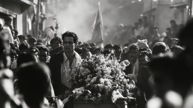 solemn Indian funeral procession moving slowly through a crowded village street, with dozens of mourners gathered closely around a flower-covered coffin. The casket is adorned