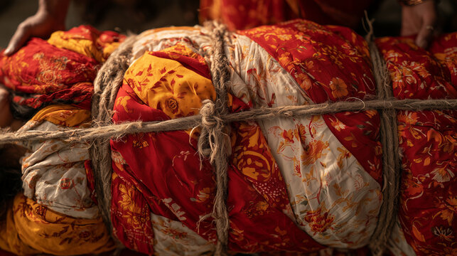 traditional Hindu funeral preparation shown from above the body is fully wrapped in vibrant red, yellow, and white cloths with floral patterns, tied securely with natural fiber