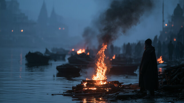 A lone funeral pyre burns brightly on the mist-covered banks of the Ganges River, its flames rising into the cold blue morning air. Soft smoke drifts upward, merging with the fog