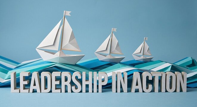 Leadership in action concept with paper craft sailboats navigating rough blue waves