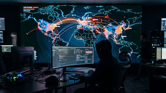 Cybersecurity Specialist Monitoring Global Cyber Attack Map in High Tech Security Operations Center