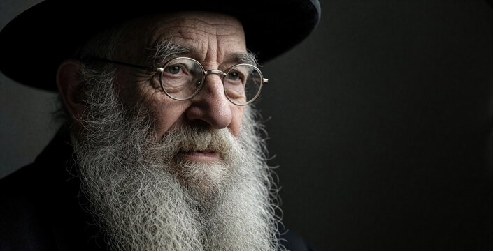 Elderly Jewish man with long beard wears hat and glasses. Portrait shows face detail, wisdom, tradition, and deep religious connection. Mature person looks thoughtful.