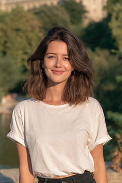 young woman with curly brown hair in a city alley, stylish brunette woman wearing casual clothes and silver hoop earrings, attractive young brunette standing outdoors in an urban setting