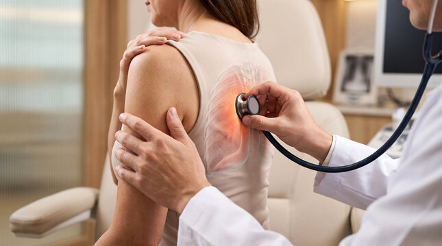 Doctor Listening to Lungs With Stethoscope During Respiratory Examination and Anatomical Lung Overlay