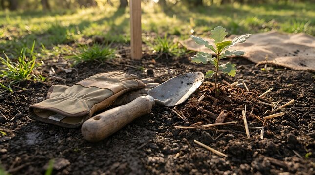 Freshly planted oak tree seedling with gardening trowel and work gloves on fertile soil