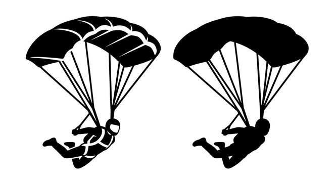 Two parachutists descending with open canopies are depicted as a black silhouette parachutist skydiving descent canopy airborne figure