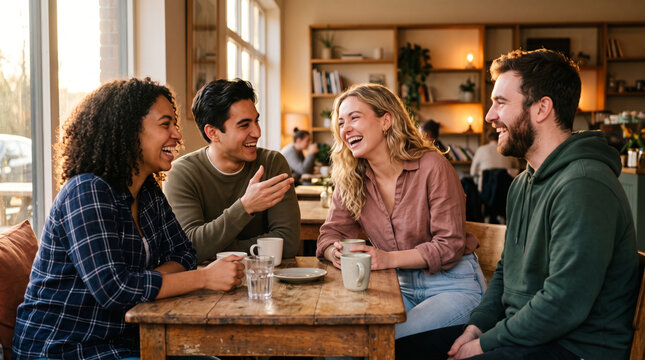 Diverse group of friends laughing and enjoying coffee together at a cafe