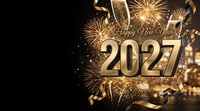 Happy New Year 2027 gold banner with fireworks and festive ribbons on black background