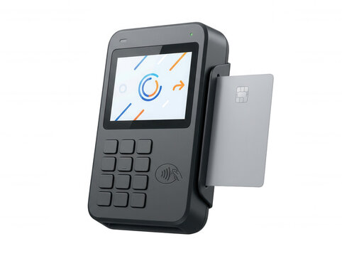 Wireless payment terminal with keypad and screen isolated on a transparent background
