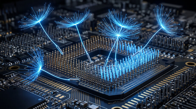 Glowing fiber optic dandelion shapes growing from a high tech computer motherboard CPU processor socket