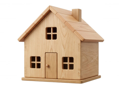 Wooden toy house with slanted roof and windows isolated on a transparent background
