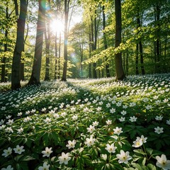 Fototapeta premium Sunlight streams through green trees onto a forest floor carpeted with blooming white wildflowers. Nature awakens in spring with fresh foliage and delicate plants.