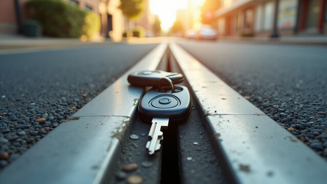 Car Keys Through Drain Grate Urban Scene