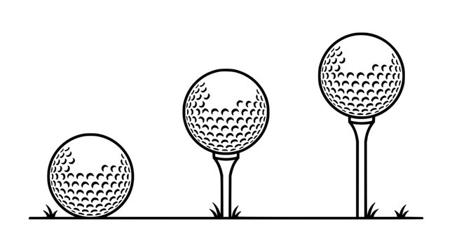 Three golf balls set with varied tee placements featuring close-up view with golf course background and shadows