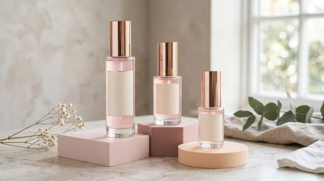 Minimalist Pink Cosmetic Bottles with Blank Labels and Rose Gold Caps on Pastel Product Display Podiums