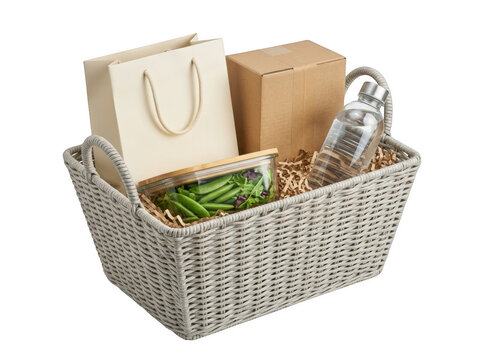 Woven basket with gift bag and green plant isolated on a transparent background