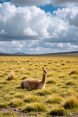 Naklejka premium Guanaco rests in golden grassy field under cloudy sky. Wild South American camelid looks toward camera in open Andean landscape. Animal calm serene, natural habitat.