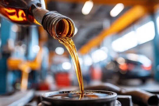 Motor oil pouring in workshop
