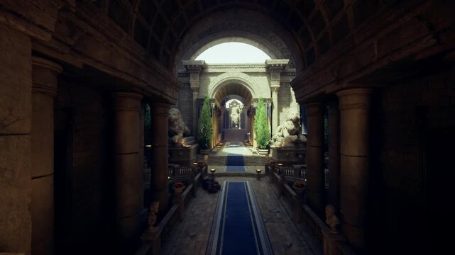 shadowed colonnade opening into overgrown garden, dusk light filtering through archway, weathered sculptures draped in ivy, damp stone pathway, cinematic hush,