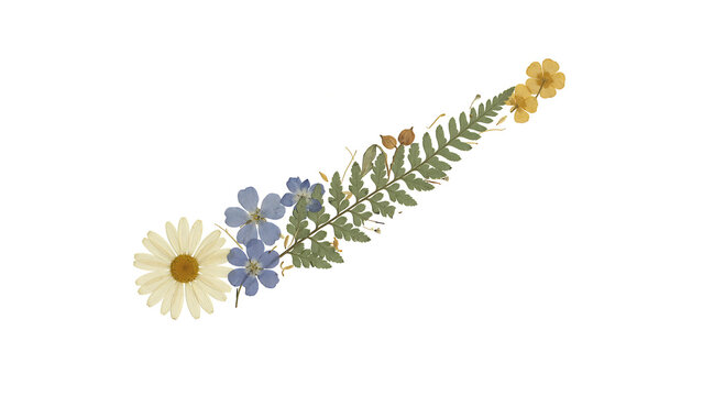 Pressed dried flowers and a green fern leaf arrangement isolated on a transparent background