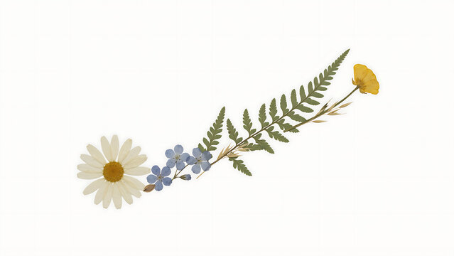Pressed daisy, blue forget-me-nots, and green fern leaf arrangement isolated on a transparent background