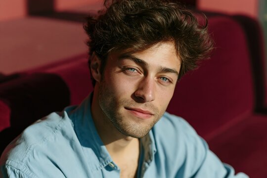 Closeup warm sunlight portrait of relaxed young man with blue eyes on velvet sofa for casual lifestyle headshot background